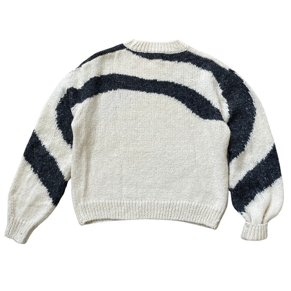 Grade & Gather M Fuzzy Knit Sweater | Cream Black Abstract Striped Pullover Soft - Picture 2 of 8